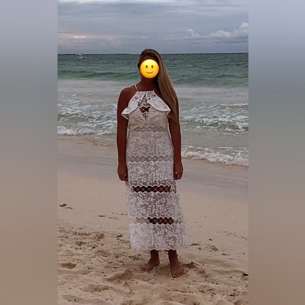 Gorgeous white lace midi dress perfect for sorority recruitment, engagement, etc